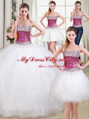 Four Piece White Ball Gowns Beading 15 Quinceanera Dress Lace Up Tulle Sleeveless Floor Length