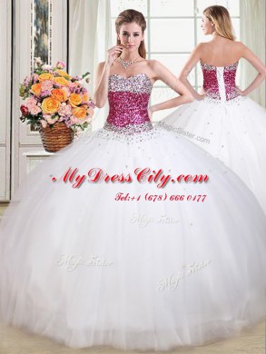 Four Piece White Ball Gowns Beading 15 Quinceanera Dress Lace Up Tulle Sleeveless Floor Length