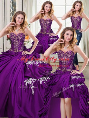 Four Piece Purple Ball Gowns Sweetheart Sleeveless Taffeta Floor Length Lace Up Beading and Appliques and Pick Ups Sweet 16 Dresses