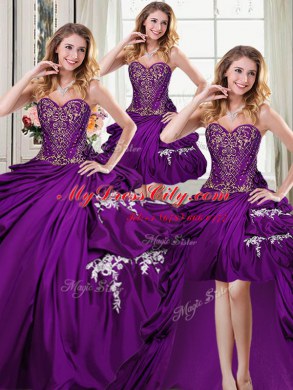 Four Piece Purple Ball Gowns Sweetheart Sleeveless Taffeta Floor Length Lace Up Beading and Appliques and Pick Ups Sweet 16 Dresses