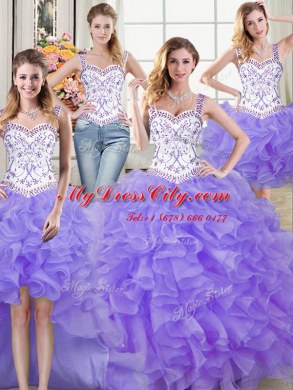 Four Piece Lavender Lace Up Straps Beading and Lace and Ruffles Quinceanera Gowns Organza Sleeveless