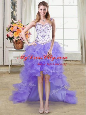 Four Piece Lavender Lace Up Straps Beading and Lace and Ruffles Quinceanera Gowns Organza Sleeveless