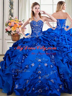Four Piece Pick Ups Royal Blue Sleeveless Organza and Taffeta Lace Up Quinceanera Dresses for Military Ball and Sweet 16 and Quinceanera