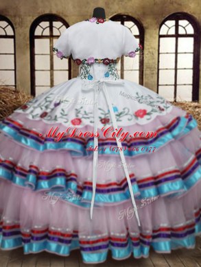 Low Price Straps Sleeveless Organza and Taffeta Sweet 16 Dress Embroidery and Ruffled Layers Lace Up