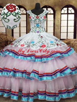 Low Price Straps Sleeveless Organza and Taffeta Sweet 16 Dress Embroidery and Ruffled Layers Lace Up