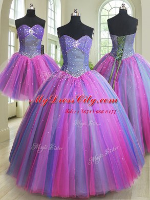 Glamorous Three Piece Multi-color Lace Up Quinceanera Gowns Beading Sleeveless Floor Length