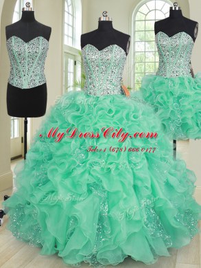 Three Piece Sleeveless Lace Up Floor Length Beading and Ruffles 15 Quinceanera Dress