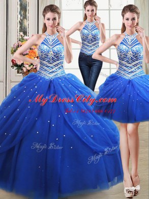 Smart Three Piece Halter Top Sleeveless Tulle Quince Ball Gowns Beading and Pick Ups Lace Up