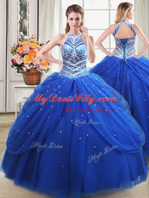 Smart Three Piece Halter Top Sleeveless Tulle Quince Ball Gowns Beading and Pick Ups Lace Up