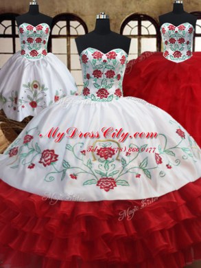 Fantastic Three Piece Sweetheart Sleeveless Quinceanera Dresses Floor Length Embroidery and Ruffled Layers White and Red Organza
