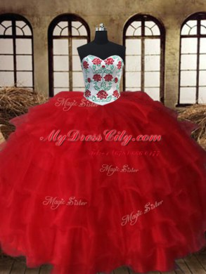 Fantastic Three Piece Sweetheart Sleeveless Quinceanera Dresses Floor Length Embroidery and Ruffled Layers White and Red Organza