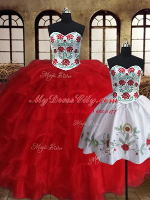 Fantastic Three Piece Sweetheart Sleeveless Quinceanera Dresses Floor Length Embroidery and Ruffled Layers White and Red Organza