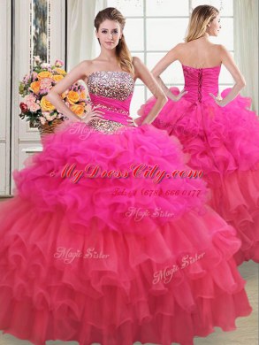 Multi-color Ball Gowns Organza Strapless Sleeveless Beading and Ruffles and Ruffled Layers and Sequins Floor Length Lace Up Sweet 16 Quinceanera Dress