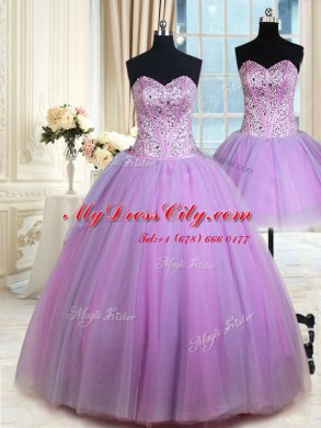 Suitable Three Piece Lavender Sweetheart Lace Up Beading 15th Birthday Dress Sleeveless