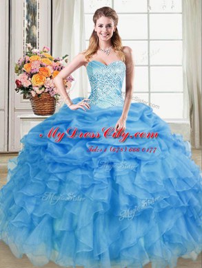 Blue Sweetheart Lace Up Beading and Ruffles and Pick Ups Ball Gown Prom Dress Sleeveless