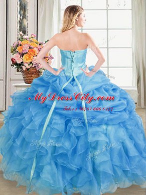 Blue Sweetheart Lace Up Beading and Ruffles and Pick Ups Ball Gown Prom Dress Sleeveless