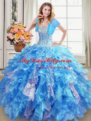 Designer Baby Blue Organza Lace Up Quinceanera Gown Sleeveless Floor Length Beading and Ruffles and Sequins