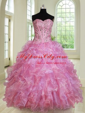 Four Piece Multi-color Ball Gowns Sweetheart Sleeveless Organza Floor Length Lace Up Beading and Ruffles Quinceanera Gowns
