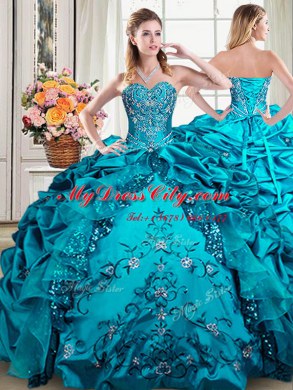 Admirable Sleeveless Organza and Taffeta Floor Length Lace Up 15 Quinceanera Dress in Teal with Beading and Embroidery and Pick Ups