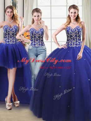 Flirting Four Piece Floor Length Lace Up Vestidos de Quinceanera Royal Blue for Military Ball and Sweet 16 and Quinceanera with Beading