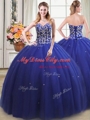 Flirting Four Piece Floor Length Lace Up Vestidos de Quinceanera Royal Blue for Military Ball and Sweet 16 and Quinceanera with Beading