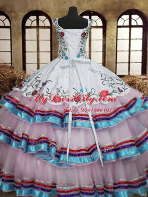 Excellent Organza and Taffeta Straps Sleeveless Lace Up Embroidery and Ruffled Layers 15 Quinceanera Dress in White
