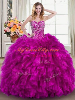 Free and Easy Sleeveless Organza Brush Train Lace Up 15 Quinceanera Dress in Fuchsia with Beading and Ruffles