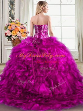 Free and Easy Sleeveless Organza Brush Train Lace Up 15 Quinceanera Dress in Fuchsia with Beading and Ruffles