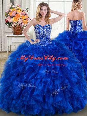 Fancy Four Piece Royal Blue Lace Up 15 Quinceanera Dress Beading and Ruffles Sleeveless Brush Train