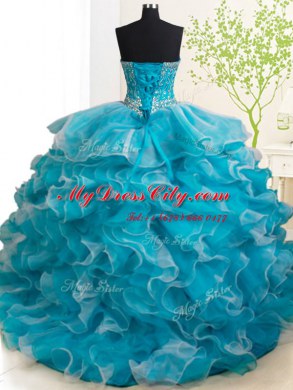 Custom Made Three Piece Beading and Ruffles Quinceanera Dress White Lace Up Sleeveless Brush Train