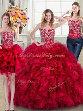 Three Piece Beading and Ruffles 15th Birthday Dress Red Lace Up Sleeveless Brush Train