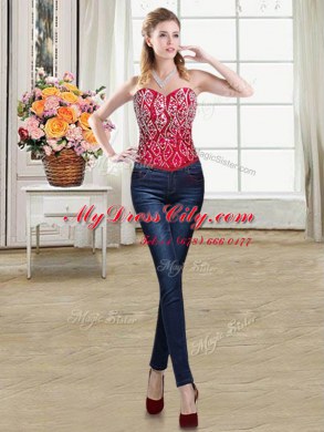 Three Piece Beading and Ruffles 15th Birthday Dress Red Lace Up Sleeveless Brush Train