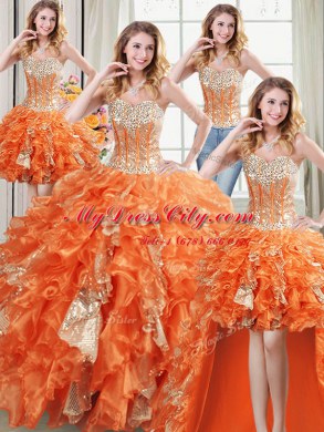 Four Piece Organza Sleeveless Floor Length 15 Quinceanera Dress and Beading and Ruffles and Sequins