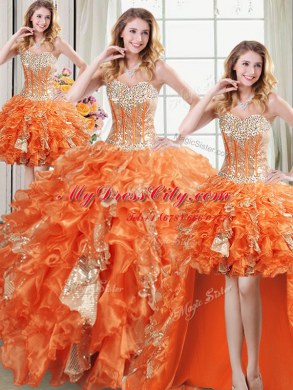 Four Piece Organza Sleeveless Floor Length 15 Quinceanera Dress and Beading and Ruffles and Sequins