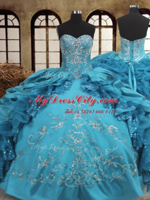 Teal Sleeveless Beading and Embroidery and Ruffles Floor Length Sweet 16 Dress