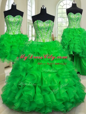 Four Piece Green Organza Lace Up 15th Birthday Dress Sleeveless Floor Length Beading and Ruffles