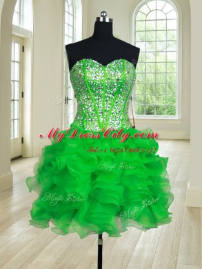 Four Piece Green Organza Lace Up 15th Birthday Dress Sleeveless Floor Length Beading and Ruffles