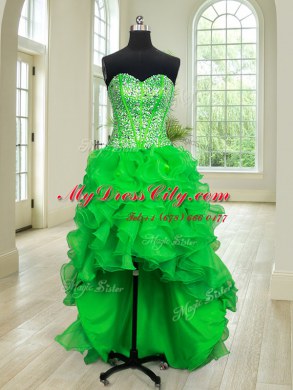Four Piece Green Organza Lace Up 15th Birthday Dress Sleeveless Floor Length Beading and Ruffles