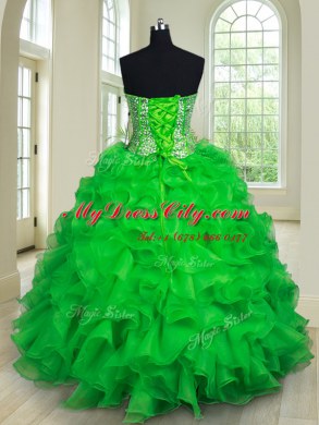 Four Piece Green Organza Lace Up 15th Birthday Dress Sleeveless Floor Length Beading and Ruffles