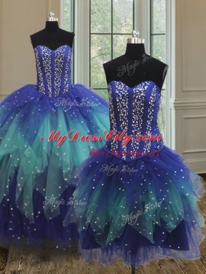 Three Piece Ball Gowns Quinceanera Gown Multi-color Sweetheart Tulle Sleeveless Floor Length Lace Up
