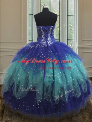 Three Piece Ball Gowns Quinceanera Gown Multi-color Sweetheart Tulle Sleeveless Floor Length Lace Up