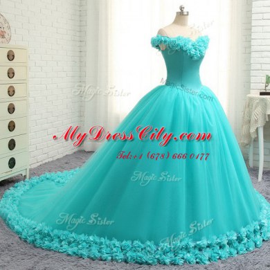 Customized Off the Shoulder Aqua Blue Cap Sleeves Court Train Hand Made Flower With Train 15th Birthday Dress