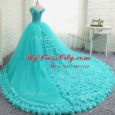 Customized Off the Shoulder Aqua Blue Cap Sleeves Court Train Hand Made Flower With Train 15th Birthday Dress