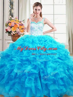 Designer Straps Organza Sleeveless Floor Length Sweet 16 Dresses and Beading and Ruffles