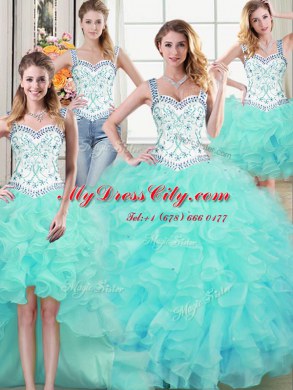 Custom Designed Four Piece Aqua Blue Organza Lace Up Straps Sleeveless Floor Length Sweet 16 Quinceanera Dress Beading and Lace and Ruffles