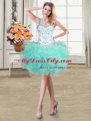 Custom Designed Four Piece Aqua Blue Organza Lace Up Straps Sleeveless Floor Length Sweet 16 Quinceanera Dress Beading and Lace and Ruffles