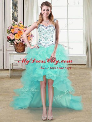 Custom Designed Four Piece Aqua Blue Organza Lace Up Straps Sleeveless Floor Length Sweet 16 Quinceanera Dress Beading and Lace and Ruffles