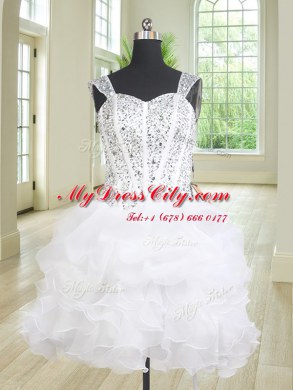 Three Piece Straps White Sleeveless Floor Length Beading and Ruffles Lace Up 15 Quinceanera Dress
