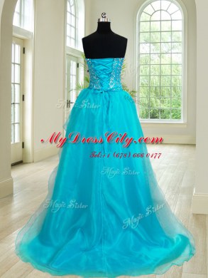 Charming Four Piece Teal Ball Gowns Organza Sweetheart Sleeveless Beading and Ruffles Floor Length Lace Up Quince Ball Gowns