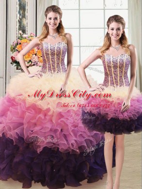 Fancy Three Piece Multi-color Sweetheart Lace Up Beading and Ruffles 15 Quinceanera Dress Sleeveless